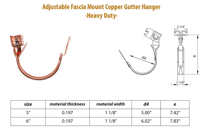 Adjustable Fascia Mount Copper Hangers | Heavy Duty | 5" and 6" Half-Round